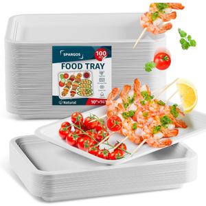 100 Pack 14 Inch Heavy Duty Disposable Food Trays Compostable Large Paper Plates Tray Set Natural Material Biodegradable for Party Serving Crawfish Lobster Crab BBQ Holiday Feast Seafood Supplies
