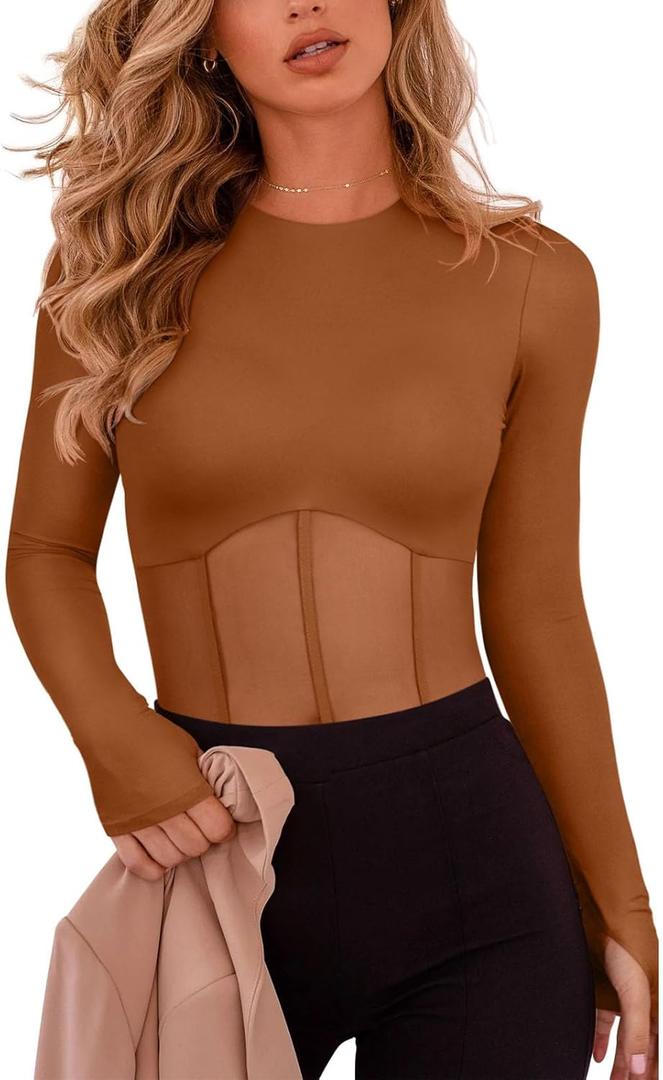 REORIA Women's Trendy Sexy Crew Neck Thumbholes Long Sleeve Sheer Mesh Going Out Bodysuit Tops (Brown) XL