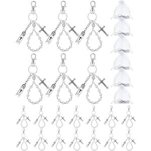 Blushtier 20 Set Holy Water Bottle Keychain with Rosary Bead Crucifix Organza Bags Catholic Gifts for Baptism Favors First Communion (White)