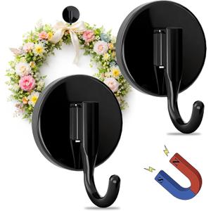 Magnetic Wreath Hangers for Front Door, 2-Pack Heavy Duty Magnetic Wreath Hooks for Metal Doors and Single-Pane Glass, No Drilling, No Adhesive, Indoor Outdoor Seasonal Decor, Reusable Holder, Black