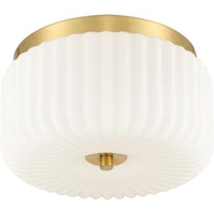 12" 2-Light Flush Mount Ceiling Light, Ribbed Glass, Gold