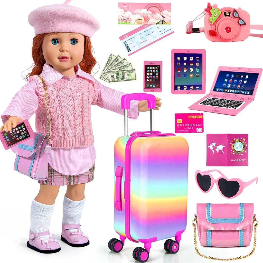 27 PCS American 18-inch-Doll-Clothes and Accessories-Travel-Suitcase Luggage, Clothes and Shoes, Bag, Sunglasses, Camera, Passport, Notebook, Phone, pad Travel Gear Play Set Fit (No Doll)