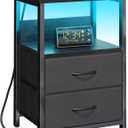 Fixwal Night Stand with Charging Station, LED Nightstand with U-S-B Ports and Outlets for Small Spaces, 2 Fabric Storage Drawers, Bedside Table End Tables Bedroom, Modern Black