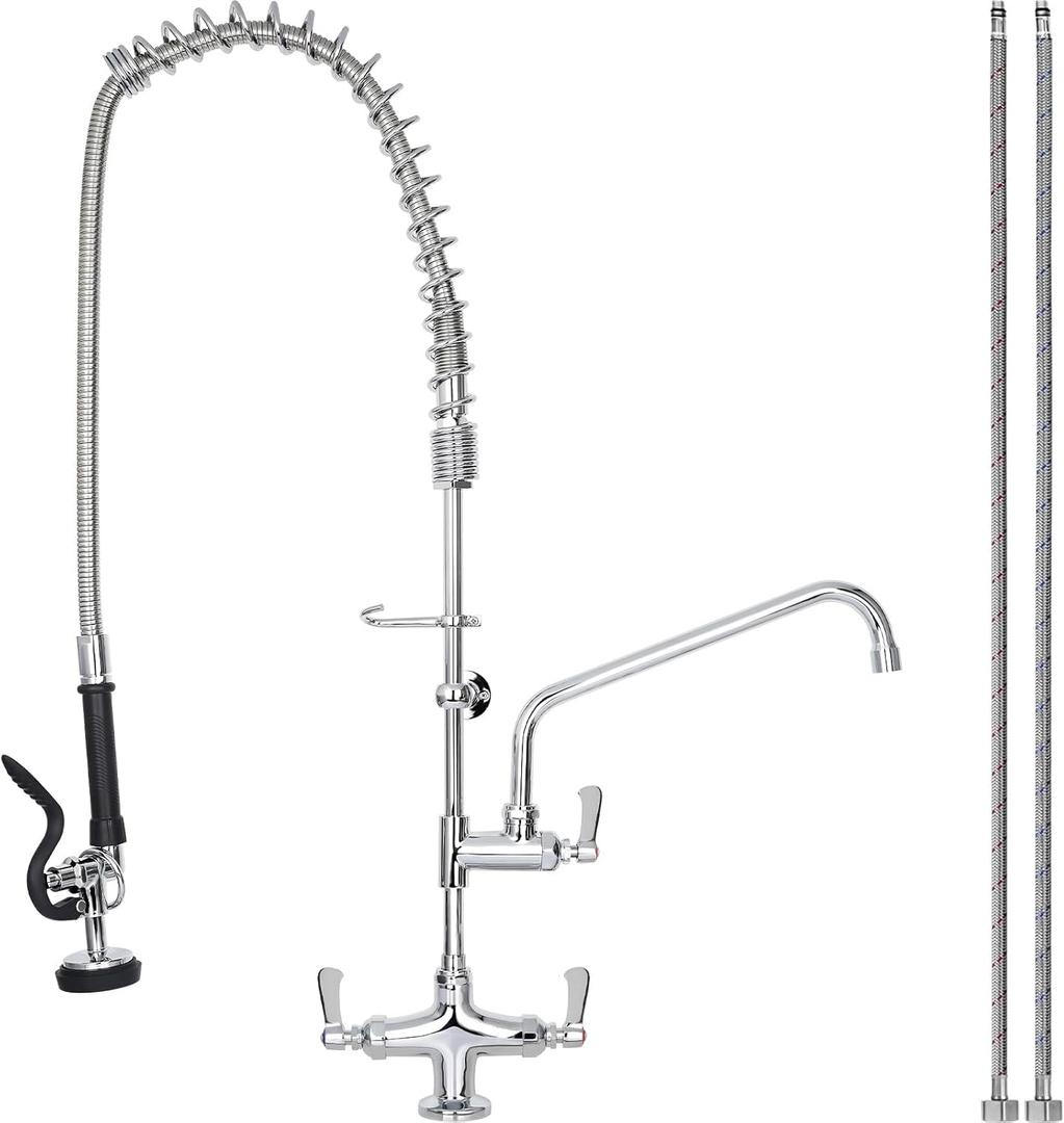 36" Height Commercial Sink Faucet Deck Mount with Pre-Rinse Sprayer, Commercial Kitchen Faucet with 10" Add-on Swing Spout Faucet & Spring Pull Down Sprayer, 8" Adjustable Center Kitchen Faucet