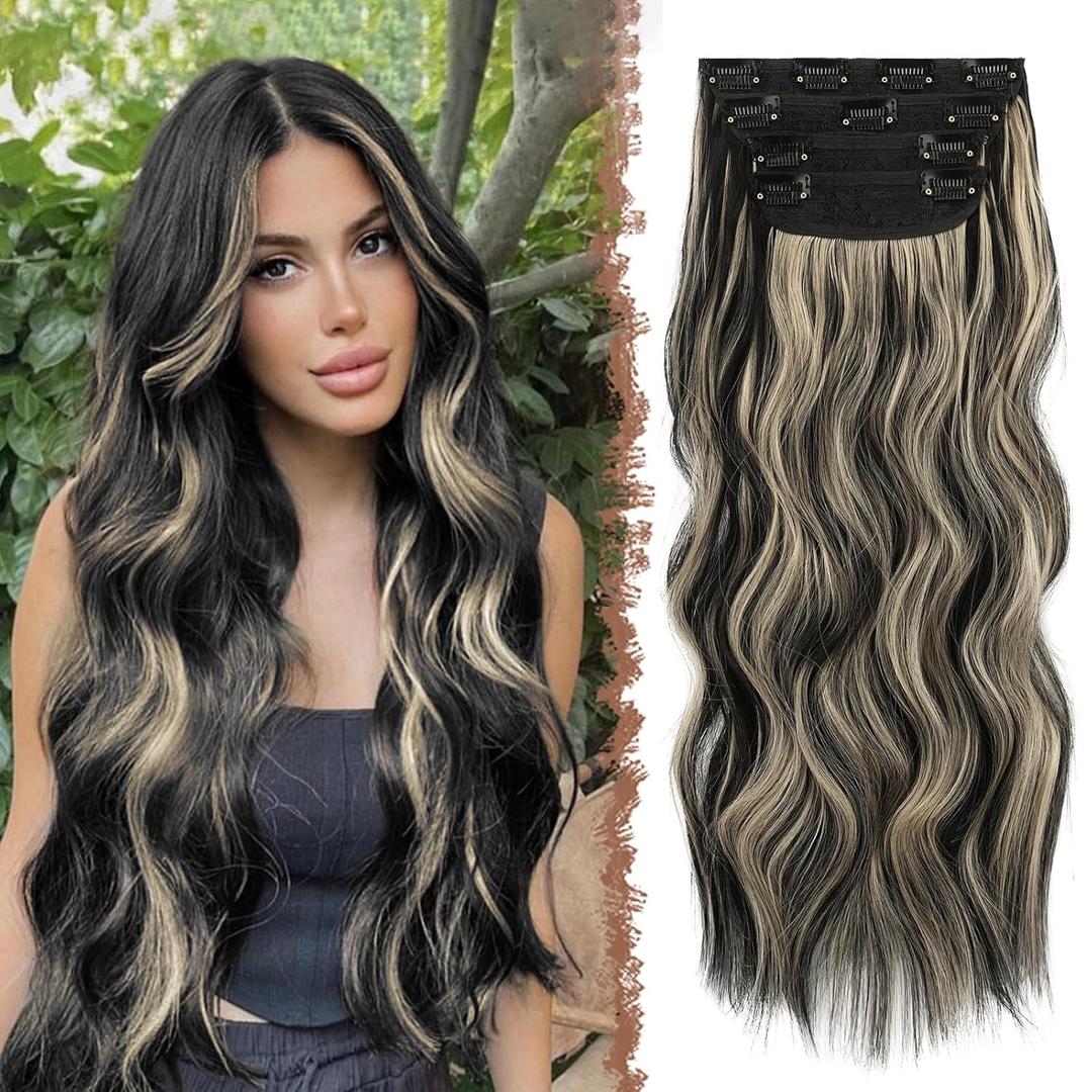 FESHFEN Clip in Hair Extensions - 4 PCS Long Wavy Thick Clip in Hairpieces Full Head Synthetic Hair Extension for Women, Black Highlighteded Blonde 20 Inch