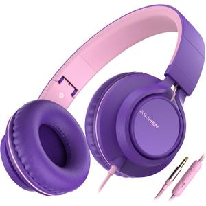 AILIHEN C8 Girls Headphones, On-Ear Headphones Wired with Microphone and Volume Control Foldable Corded Stereo 3.5mm Headset for Girls School Chromebook Laptop Computer PC Tablets Travel (Purple Pink) (Medium)