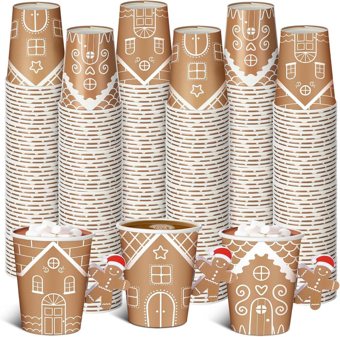 120 Pcs Christmas Paper Cups Gingerbread House Disposable Cups with Handle 8 oz Gingerbread Man Coffee Drinkware for Drinking Tea Hot Cold Beverage Xmas Party Holiday Decoration Supplies
