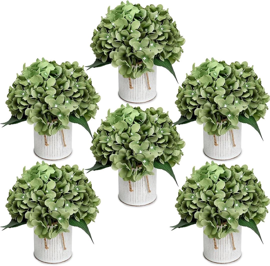 Flower Table Centerpieces - Set of 6 Floral Arrangement Artificial Wedding Hydrangeas Floral Arrangement with Rustic Metal Vase for Bridal Tea Party Event Decorations - Sage Green
