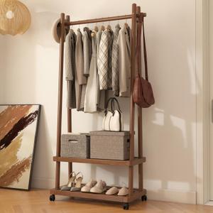 Solid Wood Clothing Rack with Wheels, Garment Rack Shelves, 23.6" Walnut