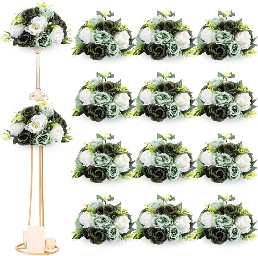 Hotop 12 Pcs Flower Balls Wedding Rose Centerpieces Silk Flower Kissing Balls Arrangement Artificial Hydrangea Flower Bouquet Faux Rose Floral Decoration (Forest Green)