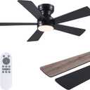 Black Ceiling Fans with Lights - 46" Flush Mount Ceiling Fan with Remote and 5 Reversible Blades, 3CCT Dimmable, 6 Wind Speeds&2H Timer, Indoor Low Profile Fan Light Fixture for Modern Bedroom