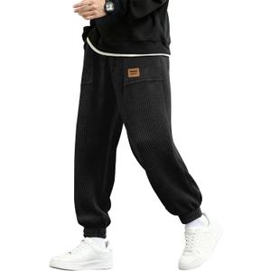 PLEPAN Mens Corduroy Pants Casual Cargo Joggers for Men Tapered Baggy Sweatpants Drawstring Elastic Waist Pants with Pockets (Small, Black)