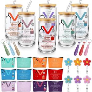 4 Pcs CNA Week Appreciation Gifts Set 16 oz Glass Cup with Lid Makeup Bag Keychain Badge Reel Happy CNA Week Party for Medical Assistant Nursing Student(24 Pcs,Multicolor,Stethoscope)