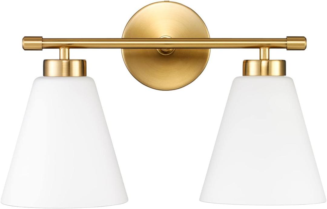 Hamilyeah Gold Bathroom Vanity Light Fixture with Frosted Glass Shade, 2 Light Vanity Lighting Fixture Over Mirror, 2 Bulb Wall Lamps for Bathroom, Restroom, Living Room (2-Light Milk Glass)