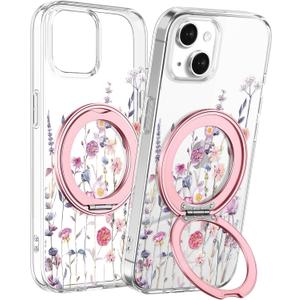Loheckle for iPhone 14/13 Case with Stand- Compatible with MagSafe Women Girls Cute Clear Girly Aesthetic Unique Design Soft TPU Magnetic Ring Phone Cover for Apple 14/13, Purple Flower