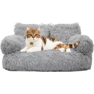 Cat Couch Bed for Indoor Cats, Calming Pet Sofa Puppy Sleeping Bed with Removable Washable Cover, Cute Dog Couch and Kitty Lounge Chair for 18lbs Cat & Small Dog(Plush Gray) (26"Lx18"Wx12"Th)
