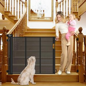 Reinforced Retractable Dog Gate for Stairs 55 Inch Adjustable Brackets and Detachable Latches Retractable Baby Gate Retractable Mesh Gate for Kids and Pets Banister to Banister Mesh Pet Gate for Stair (Black)