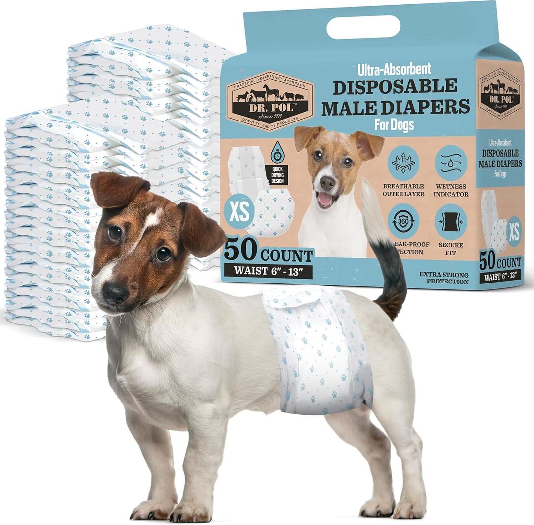 Dr Pol Dog Diapers for Male Dogs | Disposable Pet Diapers with Wetness Indicators | Adjustable Fit | Leak Protection & Super Absorbent | Perfect for Heat Cycles & Training Accidents | Pack of 50 (XS Waist Size 6 - 13 in)