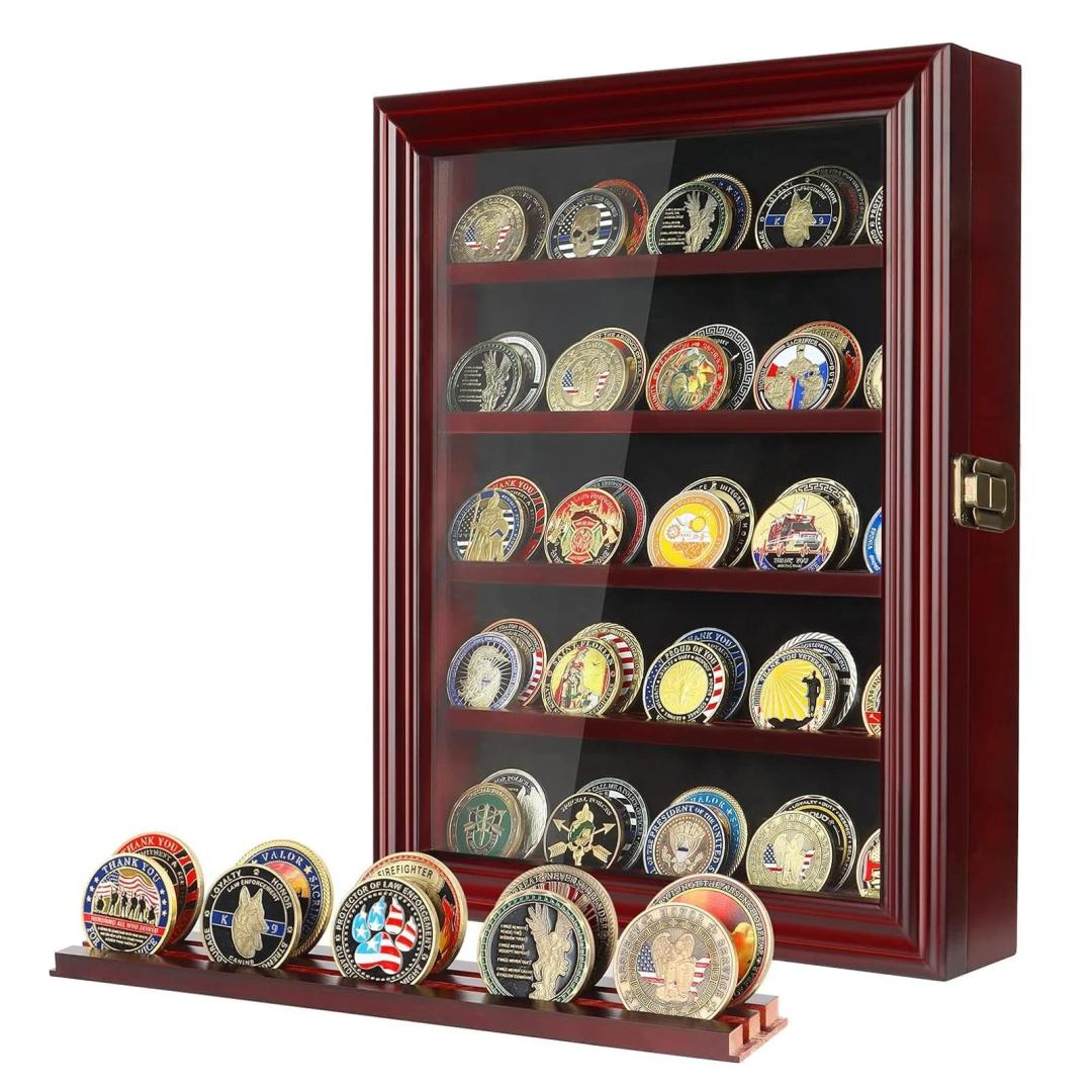 Military Challenge Coin Display Case 5 Rows Wooden Army Coin Holder with HD Tempered Glass Lockable Coin Wall Dsplay Box with Removable Shelves, Red