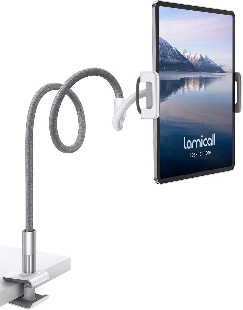Lamicall Gooseneck Tablet Holder, Tablet Stand : Flexible Arm Clip Tablet Mount Compatible with iPad mini Pro Air, Kindle, Switch, Galaxy Tabs, More 4.7-10.5" Devices - Gray