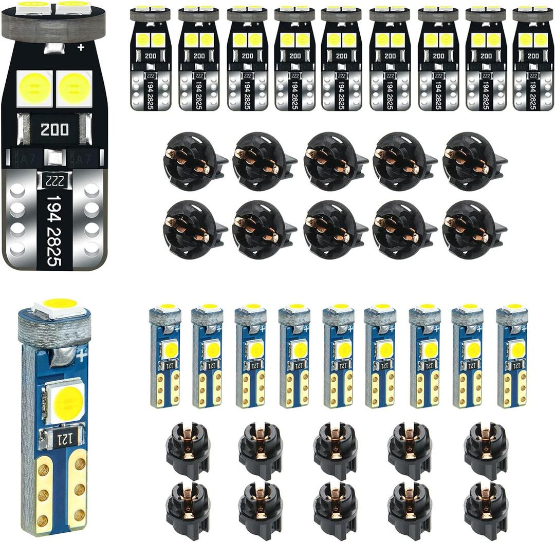 12V White T5 37 74 73 2723 2721 T10 158 168 194 2825 with Socket Instrument Cluster Light LED Bulb Replacement Dashboard Panel Gauge Indicator Lamp PC74 PC37 PC118 PC168 PC175 PC194 PC195 PC160 PC161