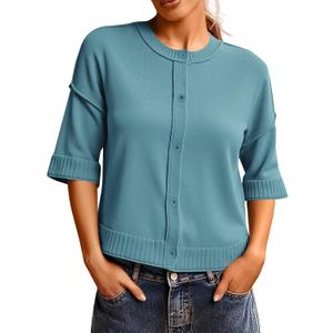 Saodimallsu Womens 3/4 Sleeve Cardigan Sweaters Button Down Crewneck Knit Cropped Tops Casual Fall Outerwear (Blue, L)