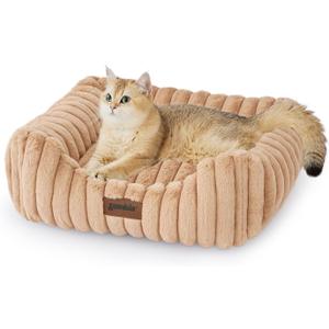 Small Dog Beds for Small Dogs - Washable Cat Beds for Indoor Cats, Rectangle Orthopedic Puppy Bed with Fluffy Removable Cover, 20x19x7inches, Beige