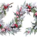 70 Inch Christmas Candy Cane Garland for Front Door, Winter Red White Xmas Holiday Garland for Indoor Outdoor, Christmas Frosted Garland with Berries and Pine Cones