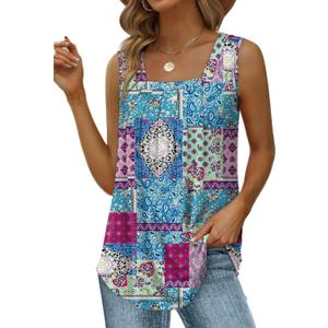 Saloogoe Summer Tank Tops for Women Loose Fit Pleated Square Neck Sleeveless Tops Curved Hem Flowy (X-Large, 08-floral Grid)