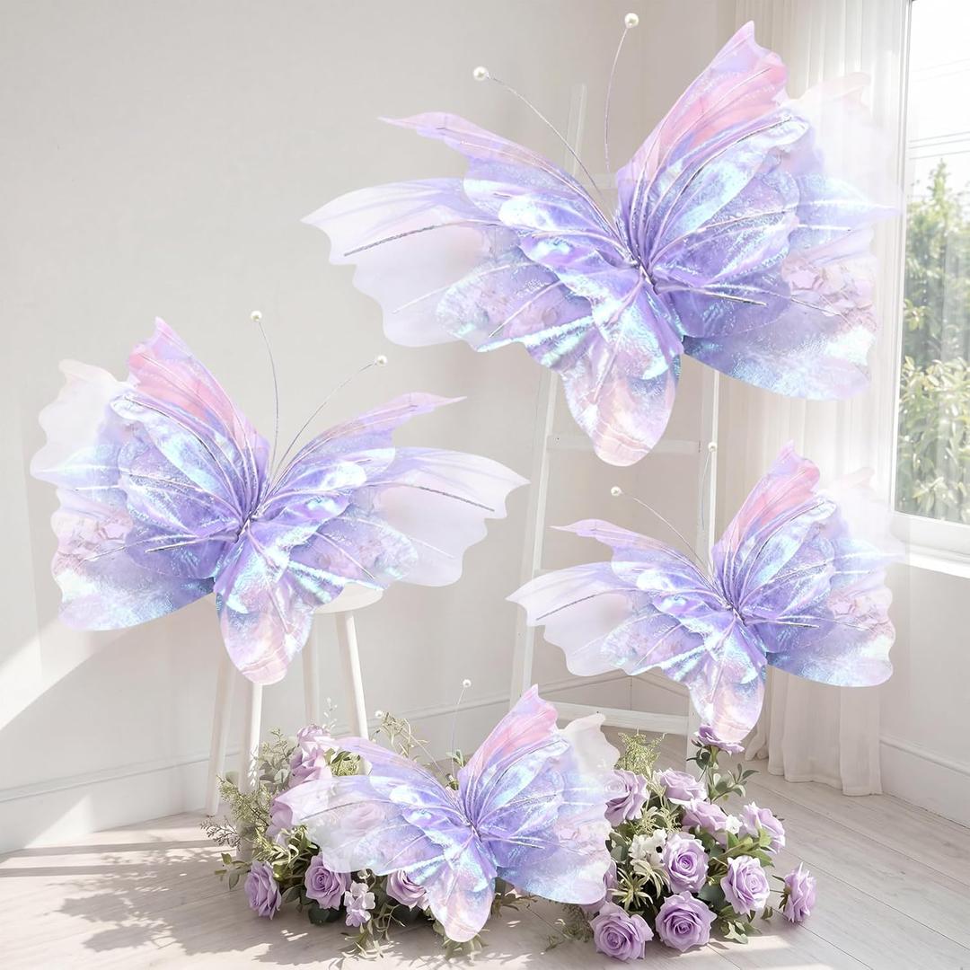 Yinder 4 Pcs Large Purple Butterfly Decorations Mariposas Grandes para Decoracion Big Butterfly Party Decor 3D Silk Butterflies for Women Birthday Party Wedding Photo Props Backdrop Decor