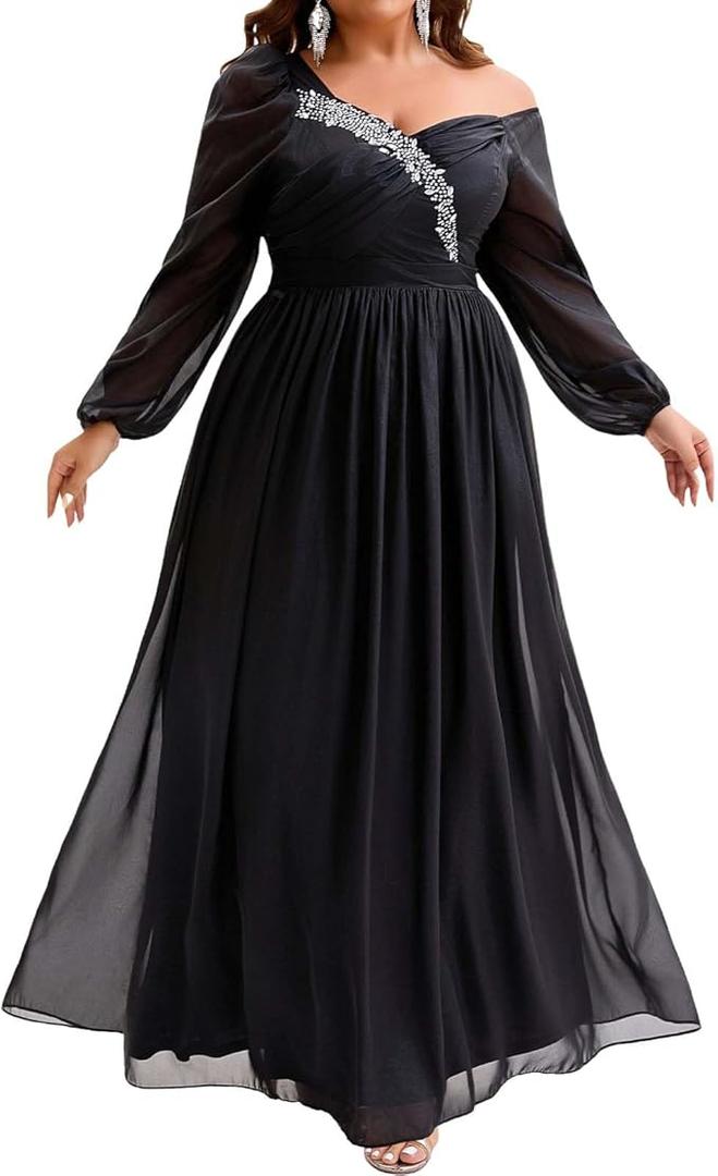 NIKBK Plus Size Sparkly Dresses for Women,Off Shoulder Long Sleeve Rhinestone Flowy Maxi Cocktail Wedding Guest Dress 1XL