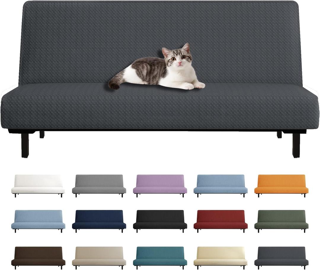YEMYHOM Futon Cover Latest Jacquard Design High Stretch Armless Sofa Bed Slipcover Anti-Slip Furniture Protector with Elastic Bottom (Futon, Dark Gray)