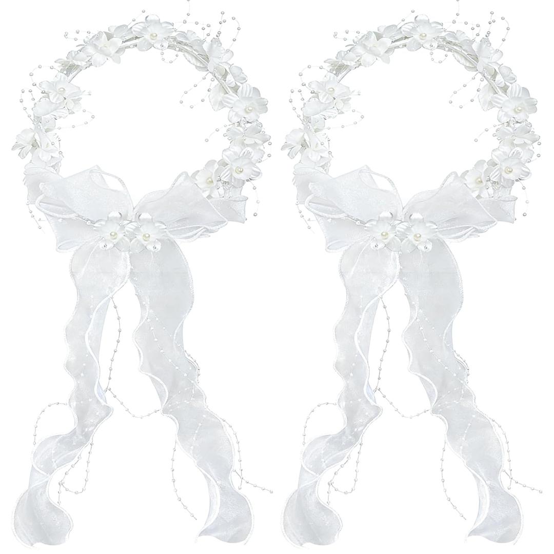 2 Pcs First Communion Headbands for Woman White Flower Headband Wedding Bow Veils Crown with Pearls Flower Small Headpiece Hair Wreath Accessories for Women Girls Baptism Wedding (Silk)