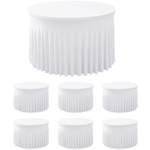 HolidayIdeas White Spandex Round Tablecloths for 60in Wedding Table, 5ft Fitted Stretch Table Skirts 120 Inch, Wrinkle-Free Ruffle Design Tablecloths for Banquets,Trade Shows, Parties, Events, 6 Pack