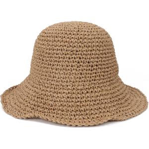 Womens Crochet Straw Sun Hat with Wide Brim Soft Foldable Floppy Beach Hat for Summer (Beige)