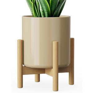 8 Inch Ceramic Planter with Wood Stand, Mid-Century Modern Minimalist Design Plant Pot with Drainage & Luxurious Stand for Indoor Home Decor (Khaki)