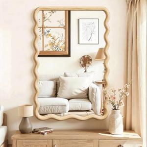 Wavy Mirror for Wall, 30"x20" Boho Bathroom Floor Vanity Mirror with Wooden Frame, for Bedroom, Living Room, Entryway, Farmhouse