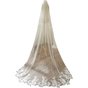 Chapel Length Sequin Lace Floral Wedding Bridal Veil with Comb