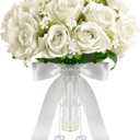 Wowagoga 12 Inch Wedding Bouquet with Pearl Crystals Ribbons,Artificial Rose Flower for Bride Bridesmaids Artificial Fake Flowers Fake Flowers Toss Bouquet for Wedding Party Church(White)