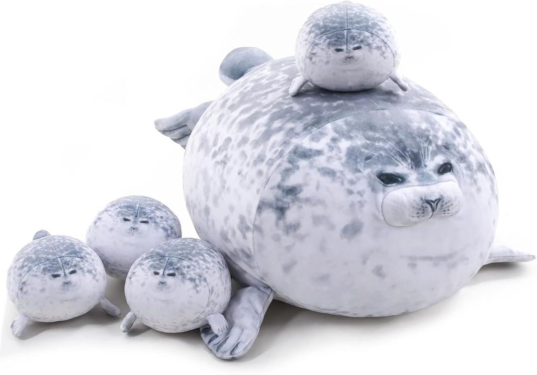 TOYSYM Chubby Blob Seal Pillow Cute Seal Plush with 4 Baby Plushies in Her Tummy, Soft Cotton Stuffed Animals Toy Gifts for Kids