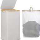 Laundry Basket with Lid, 110L Laundry Hamper with Bamboo Handle,Clothes Basket Organizer with Removable Inner Bag for Clothes Toys Towels,Light Grey