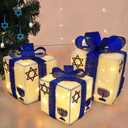 Krissing 3pcs Lighted Hanukkah Gift Boxes for Hanukkah Decorations, Christmas White and Blue Gift Boxes Decor for Chanukah Party Table Centerpieces Yard Jewish Christmas Tree Ornaments