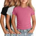 3 Pack Girls Short Sleeve Cute Shirts | Ribbed Knit, Crew Neck, Slim Fit, Summer, Basic, Soft, School Outfit, Trendy, Ages 5-14, Solid Colors, Versatile Styling