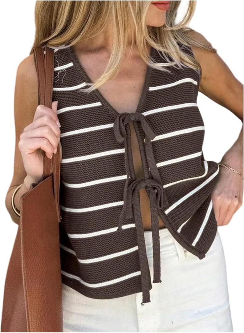 Women's Bow Tie Front Striped Sweater Vest V Neck Sleeveless Knit Vests (M)