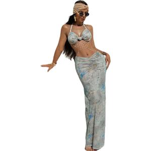 Women's Sexy Pearl Chain Halter Maxi Dress Printed Backless Hollow Out Pleated Bodycon Dresses for Party Vacation (Medium, Green)