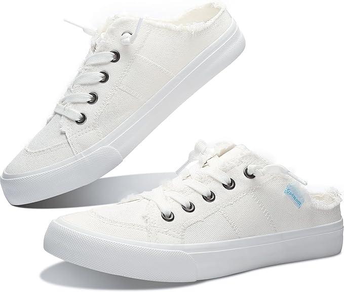 Obtaom Women Canvas Mules Memory Foam Clipper Fashion Sneakers Comfortable Slip-On Mule Backless Holiday Shoes (10)