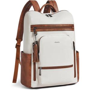 Shrrie Upgraded Large Travel Laptop Backpack with Laptop Compartment Fits 17 inch Laptop, Waterproof Vegan Leather Computer Backpack for Women and Men Work Business College (Beige With Brown)