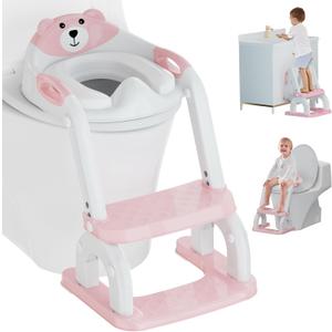 Potty Training Seat with Step Stool Ladder, Potty Training Toilet Seat with Soft Seat Splash Guard, Adjustable Height, 2 in 1 Potty Seats for Toddlers Kids Boys Girls (Pink)