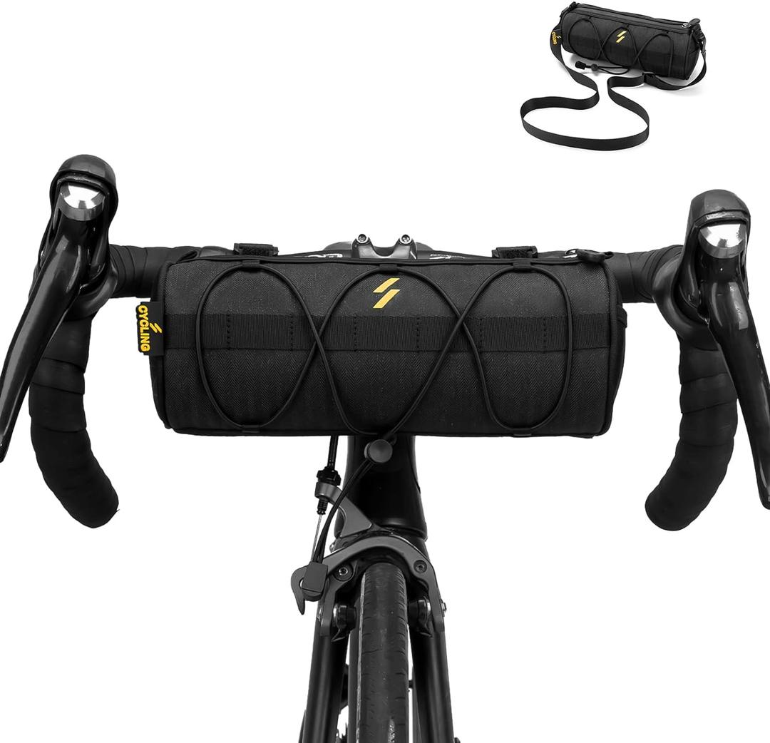 ROCKBROS Bike Handlebar Bag Small Bicycle Handle Bar Bag Handy Front Bike Bags Handlebar Storage Pouch Pack with Shoulder Strap Little Mountain Road Bike Barrel Bag (Black)
