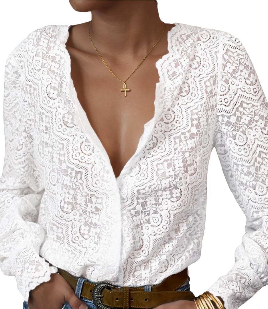 Lace Tops for Women Dressy Casual Blouses Puff Long Sleeve V Neck Button Down Business Work Shirts (Small, White)